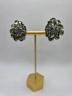 Schreiner Unsigned Rhinestone Smoky Cluster Clip-On Earrings Silver-Tone Sparkle